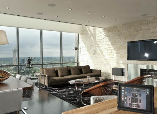 large penthouse living room with speakers and tv